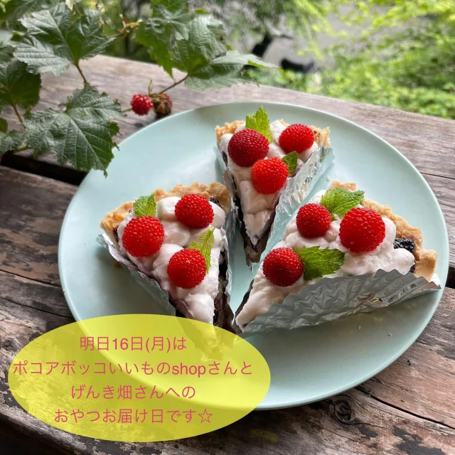 ・
明日16日(月)はポコアボッコいいものshop(@pocoabocco_shop )さんとげんき畑さんへおやつをお届けします☆
・
明日は脊振の宝石「桑の実&木苺&野苺」を使ったおやつをお届けしますよ♪
・
🍓野苺のタルト
ザクザクタルトに野苺ジャムとクリーム、そして可愛いらしい野苺を飾りました♪
・
🫐桑の実ジャムバナナマフィン
ブルーベリーの4倍のアントシアニンやビタミンなど栄養豊富な天然のスーパーフード「桑の実」をジャムにし、自然な甘さのバナナマフィンと合わせました♪
・
🫐🍓ベリーベリースコーン
桑の実、木苺、野苺、3種類のベリーを合わせた贅沢スコーン♪
・
🍫ダブルショコラスコーン
自家製デーツチョコを合わせたチョコ好きさんのためのスコーン♪
・
🍪クッキー各種
人気のレモンのショートブレッド、スギナクッキー、6月限定のかえるさん&紫陽花クッキーもお届けします^_^
・
全てご予約分優先。
特にケーキやマフィンは店頭分はあまりたくさんお届けできないことが多いのでご予約いただいたほうが確実です。
また、ケーキやマフィンは基本的にポコアボッコいいものshopさんへのみのお届けとなりますので、げんき畑さんでお受け取りご希望の方はご予約下さい。
・
ご予約はのがりのインスタかFacebookメッセージ、もしくはtomo@nogari.cafeまでDMして下さい。
・
ポコアボッコいいものshopさんには12時半頃、げんき畑さんへは13時半頃のお届け予定となりますので、よろしくお願いします☆
・
#のがり　#佐賀　#脊振
#米粉　#米粉おやつ　#小麦卵乳製品不使用
#アレルギー対応　#グルテンフリー　#オーガニック
#ポコアボッコいいものshop #げんき畑　#佐賀市